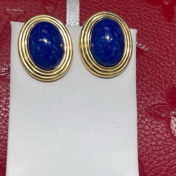 Authentic Vintage Christian Dior clip earrings lapis Glass oval Clip -on - Picture 1 of 5
